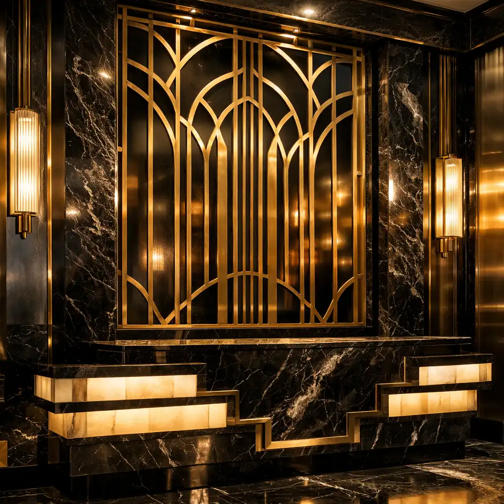 Art Deco detal wnętrza restauracji z marmurem i złotą kratownicą