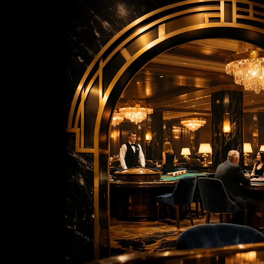 Elegancki card room Luckybreakhotel z fizycznymi stołami i krupierami na żywo