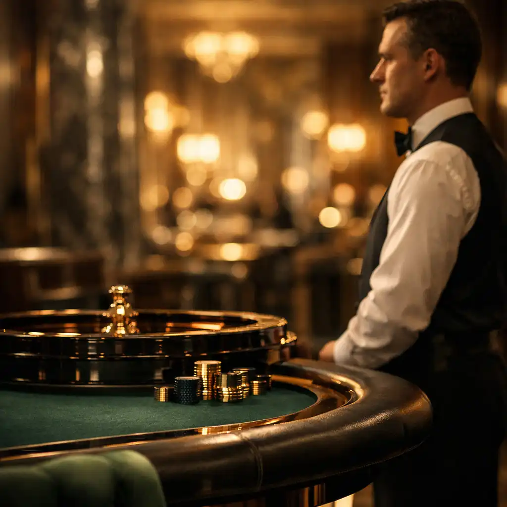 Detal fizycznego stołu pokerowego i krupiera na żywo w eleganckim wnętrzu