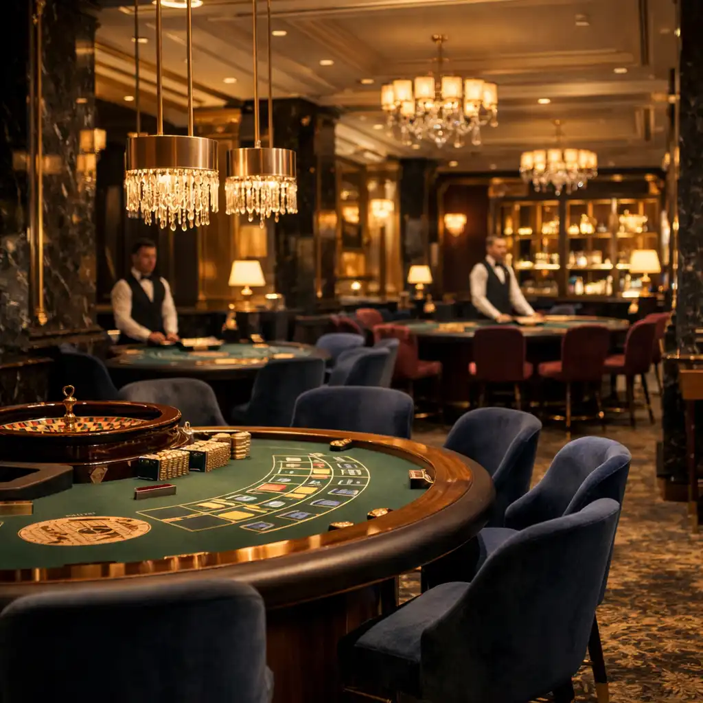 Elegancki lounge z krupierami na żywo i stołami pokerowymi
