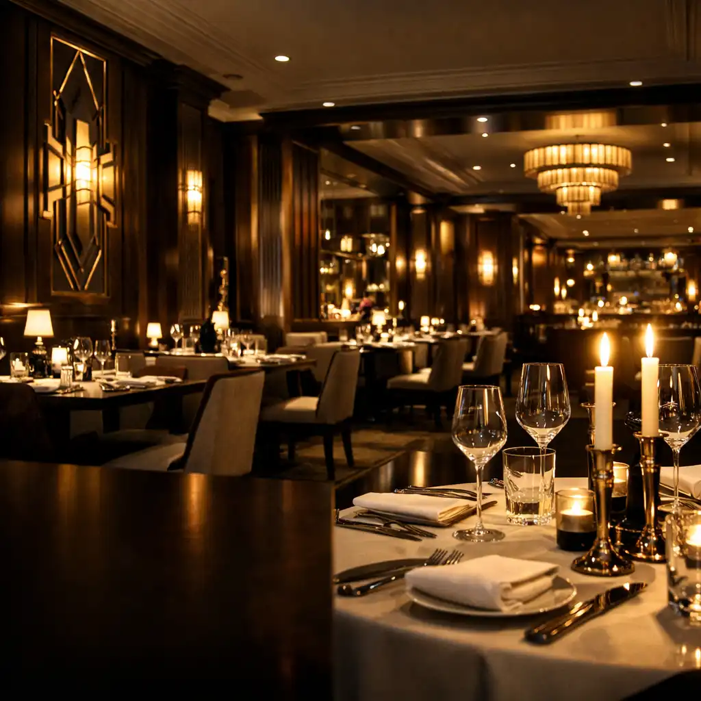 Wykwintna sala restauracyjna z nakrytymi stołami i złotym wieczornym światłem