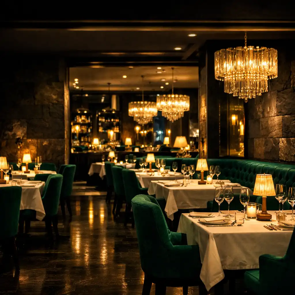 Nastrojowa sala wykwintnej restauracji Luckybreakhotel wieczorem