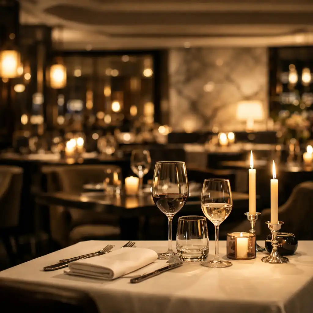 Kameralne wnętrze restauracji w ciepłym wieczornym świetle