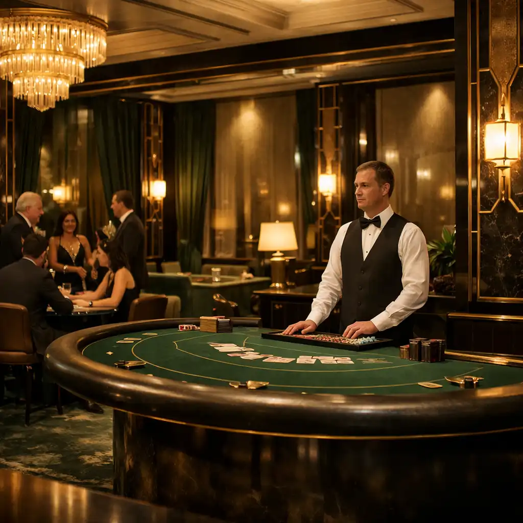 Elegancka fizyczna sala kasyna ze stołem pokerowym i krupierem na żywo