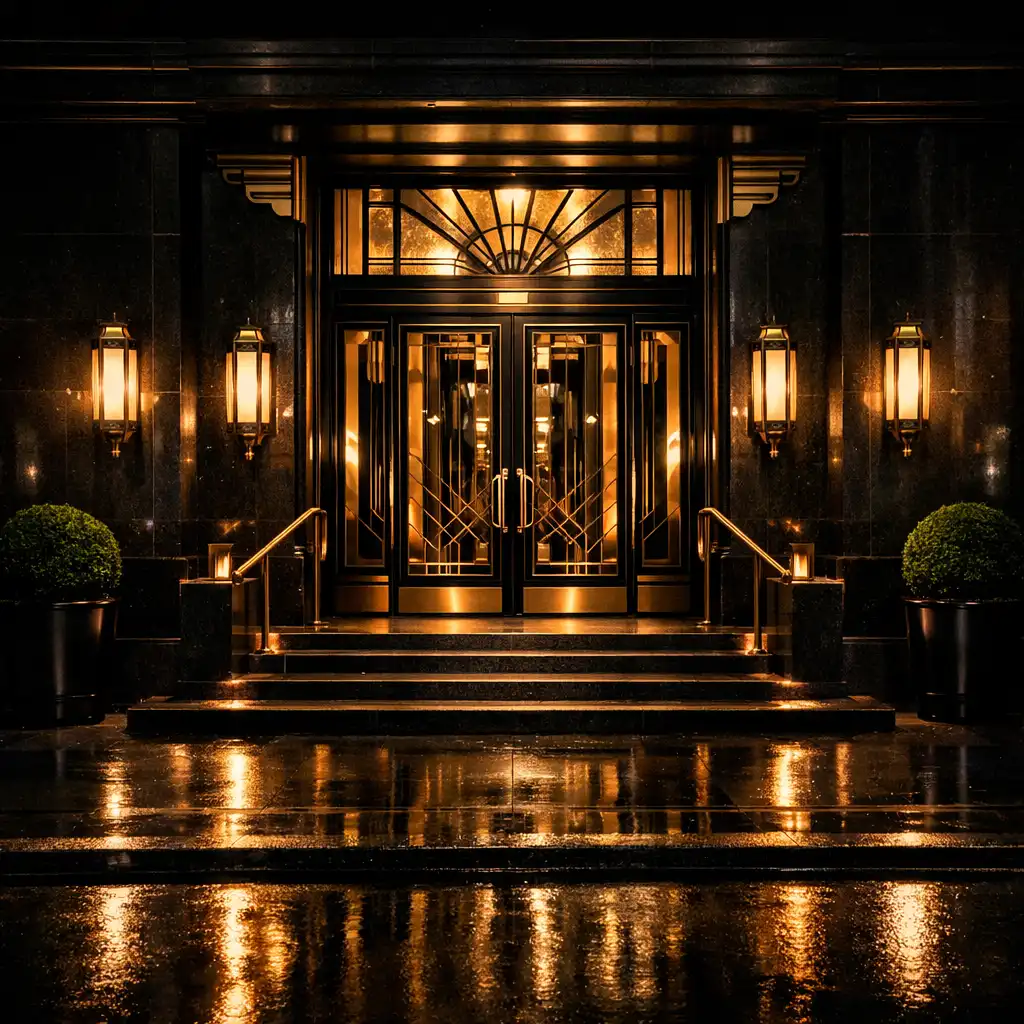 Nocny detal reprezentacyjnego wejścia do restauracji Luckybreakhotel z ciepłym światłem na kamieniu
