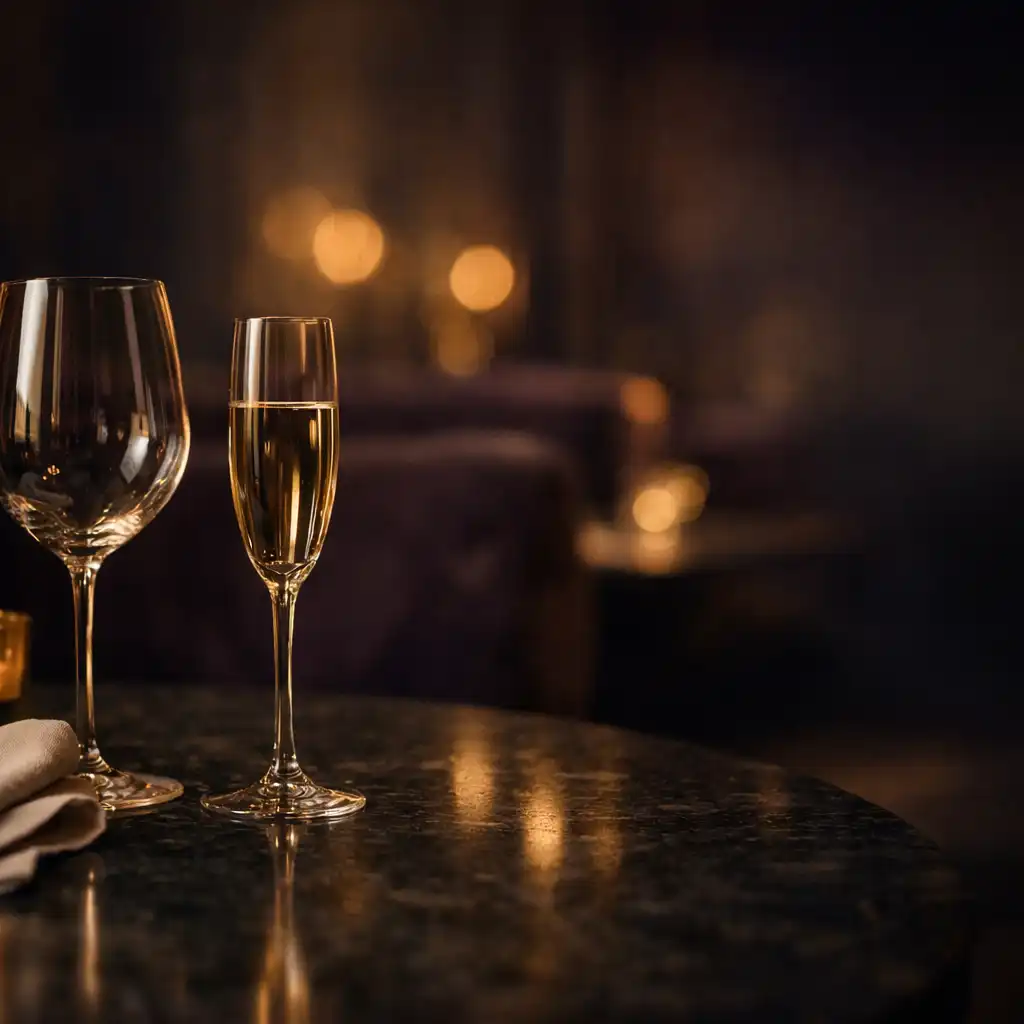Kieliszki na eleganckim stole w restauracji Luckybreakhotel