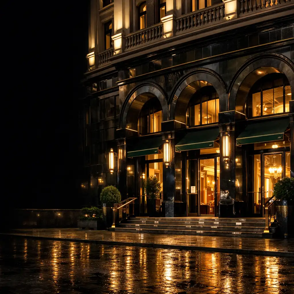 Nocne wejście do restauracji Luckybreakhotel w Warszawie, oświetlone ciepłym światłem