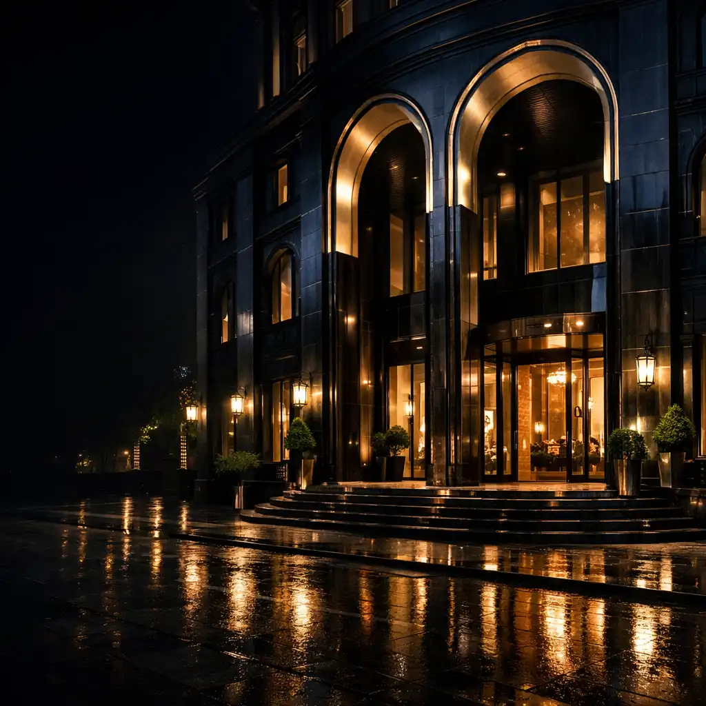 Nocne wejście do pałacowej restauracji w Warszawie, rozświetlone ciepłym światłem