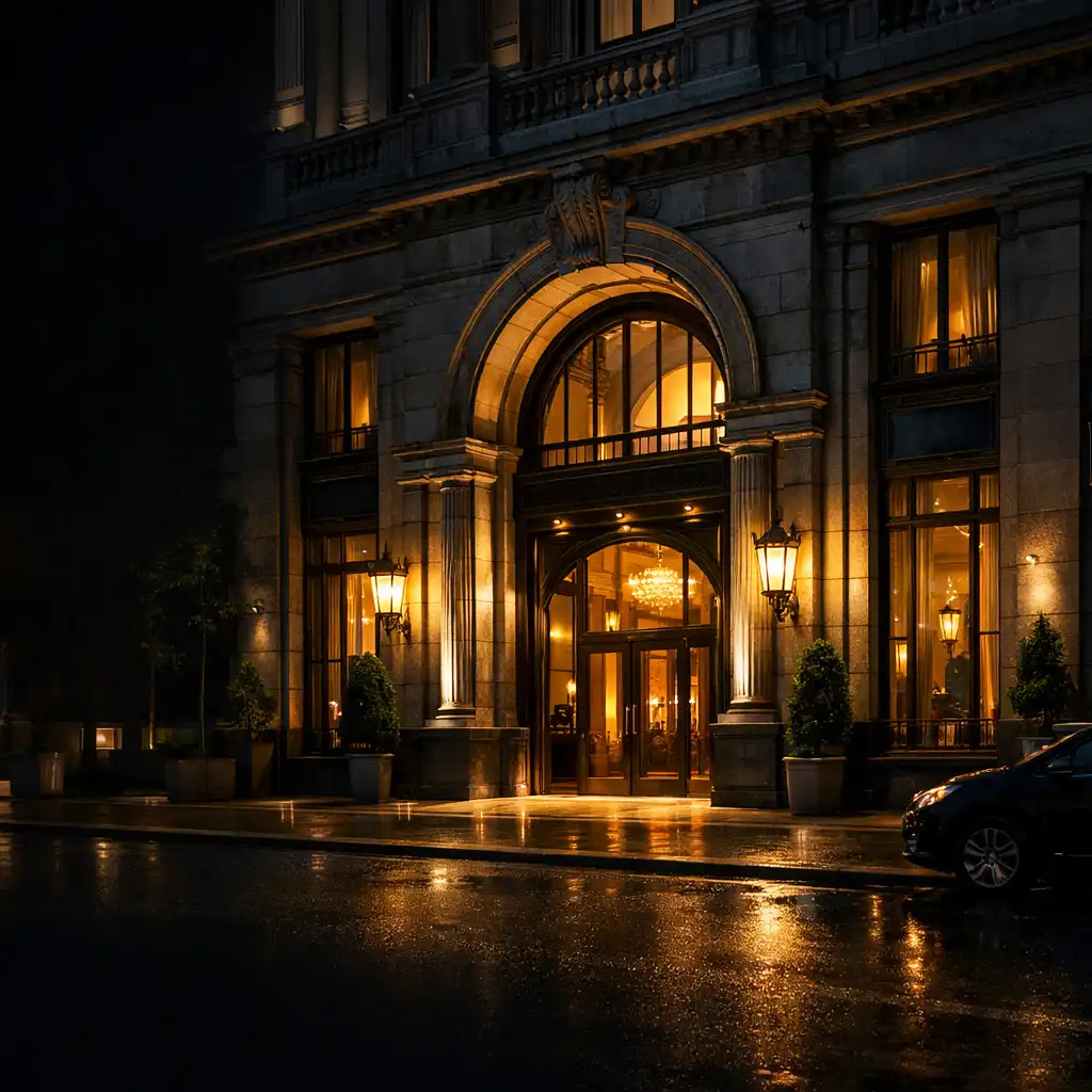 Nocne wejście do restauracji Luckybreakhotel w Warszawie