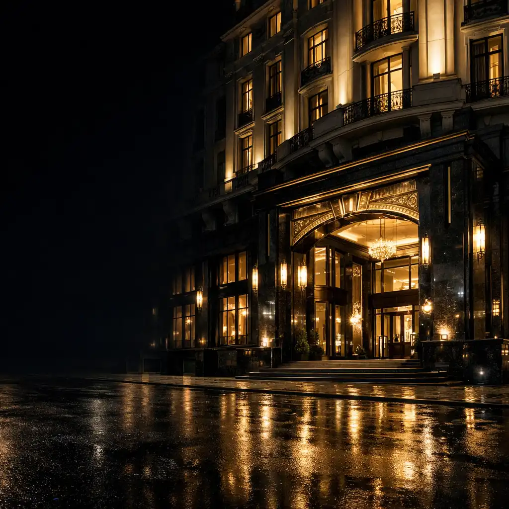 Monumentalne nocne wejście do restauracji Luckybreakhotel Palace & Casino w Warszawie